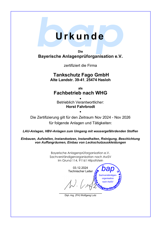Urkunde der Bayerischen Anlagenprüforganisation: Tankschutz Fago GmbH ist Fachbetrieb nach WHG, gültig November 2024 bis November 2026